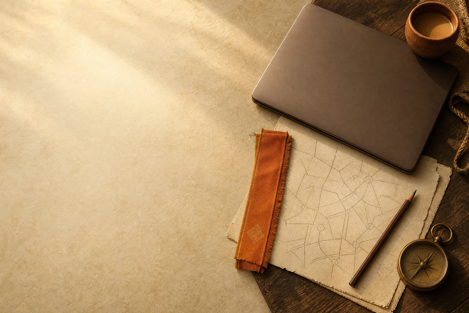 An editorial still life of a builder’s desk with a laptop, compass, pencil, and planning notes