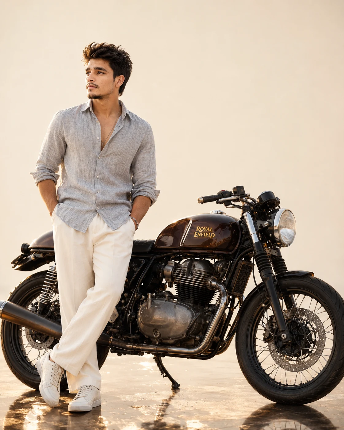 Gaurav Singh Solanki standing beside a Royal Enfield motorcycle